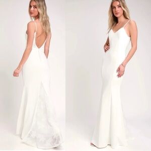 Lulu’s Taliana White Lace Button Back Maxi Mermaid Bridal Dress